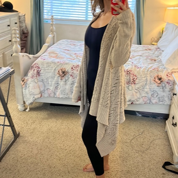 MODA international 100% cotton size L cream/tan long knitted cardigan - Picture 2 of 9